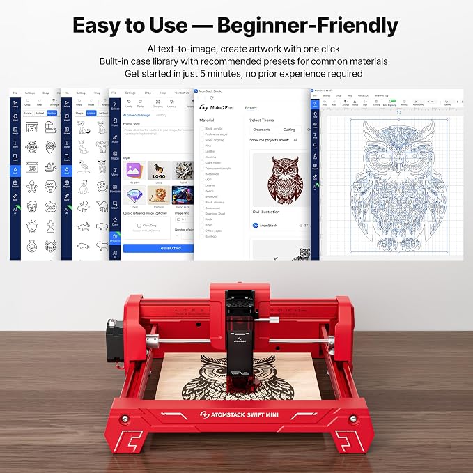 ATOMSTACK Swift 2.5W Laser Engraver Mini, Laser Engraving Machine for Wood Leather Acrylic, Desktop Laser Cutter, Fully Assembled, WiFi & USB, AI Software, 135×145mm Work Area, Red, 2500mW | No Assembly AI Design Tools Multi-Material Engraving App & PC...