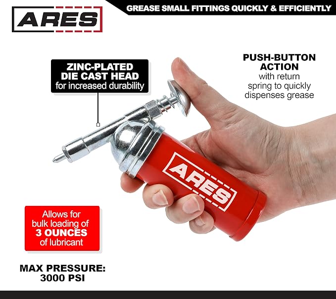 ARES 53010 – 3-Ounce Push-Type Mini Grease Gun - Needle Nozzle Easily Greases Small Fittings – One-Handed Operation - 3000 PSI Working Pressure