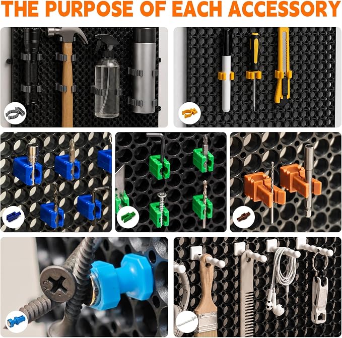 Plastic Pegboard Wall Organizer Kit, 4 Black Panels 32" x 12", 56 Accessories with Hooks, Clips & Holders, Modular Tool Storage Board for Garage, Workbench, Craft Room, Home Repair