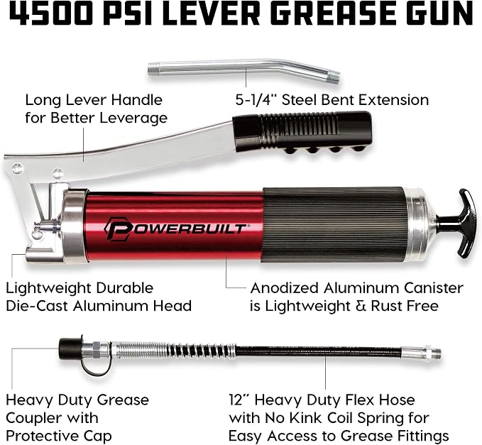 Powerbuilt 4,500 PSI Heavy Duty Lever Grease Gun, Anodized Aluminum Barrel with Rubber Grip, Includes Flex Hose, Rigid Pipe & Coupler – 940756