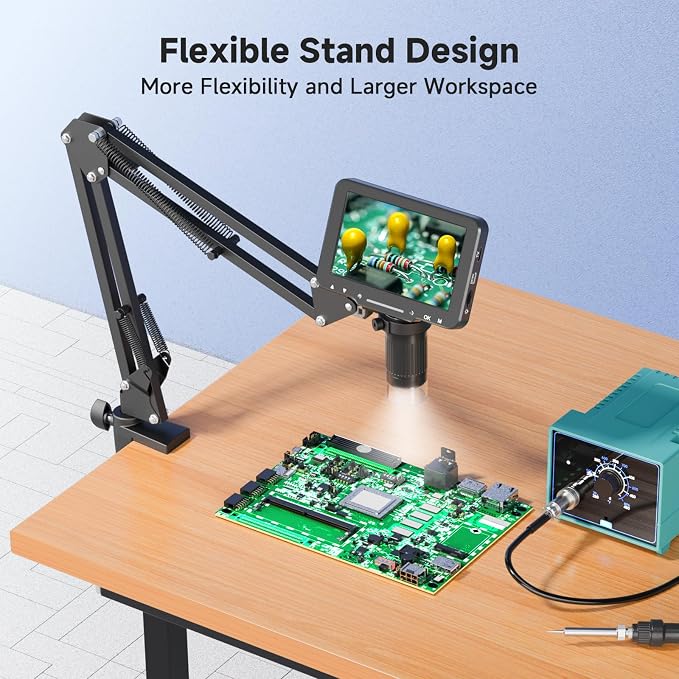 5" LCD Digital Soldering Microscope with Flexible Stand, 1000X Magnification for Electronics Repair & Coins, 1080P PC View, 8 LEDs (Micro SD Card Not Included)
