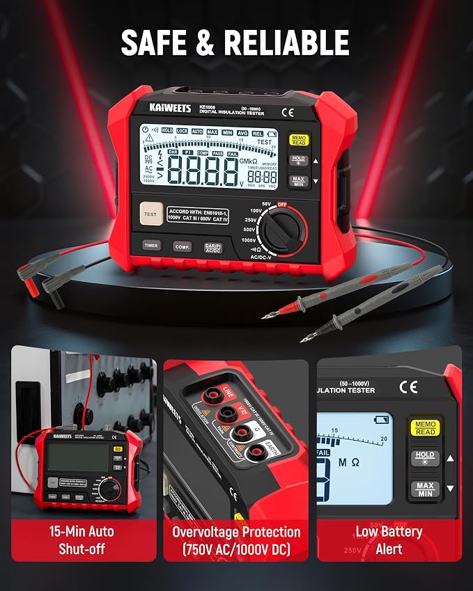 KAIWEETS Megohmmeter, Insulation Resistance Tester, Up to 100GΩ, 50V/100V/250V/500V/1000V, One-Touch DAR/PI, with AC/DC Voltage Testing for Motors, Solar, HVAC