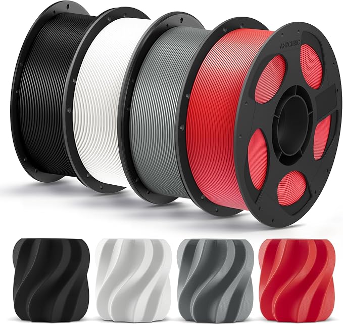 ANYCUBIC PLA Plus (PLA+), 3D Printer Filament 1.75mm Bundle, High Toughness, Dimensional Accuracy +/- 0.02mm, 4 Pack 1KG Reusable Spool, Black, White, Texture Gray, Red