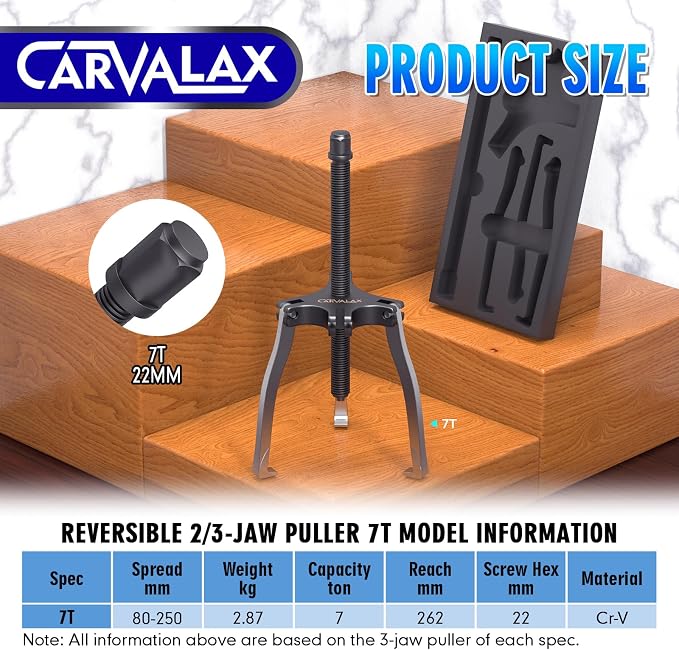 CARVALAX Gear Puller 7 Ton, Heavy Duty CR-V Steel 2 & 3 Reversible Jaw Bearing/Pulley Puller – Professional Automotive & Industrial Tool for Mechanics, DIYers