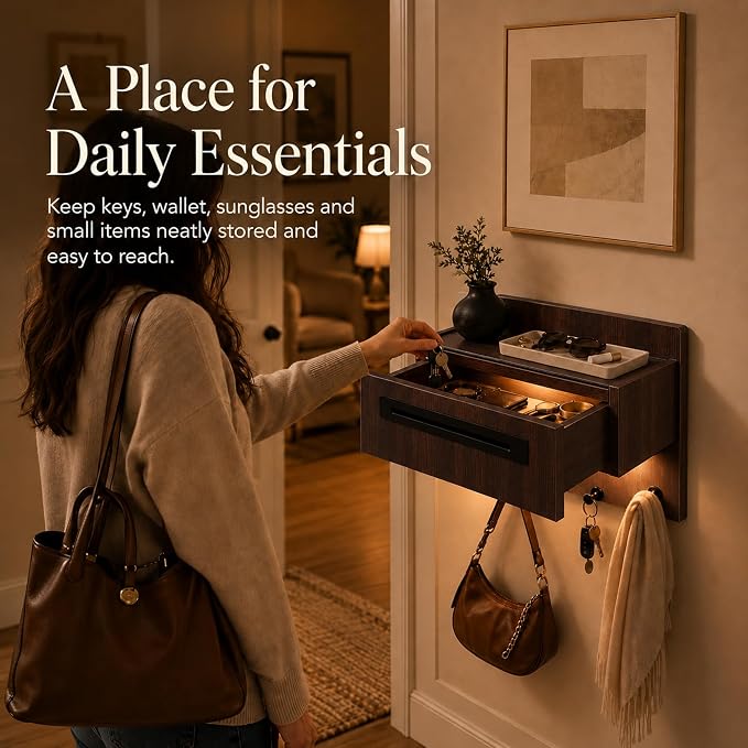 Floating Shelf with Drawer & Hooks, Entryway Organizer with Sensor Light | Italian Wood Veneer, Hidden Drawer, 4 Matte Black Hooks & Warm Sensor Light for Mail, Keys, Wallets, Coats & Daily Essentials