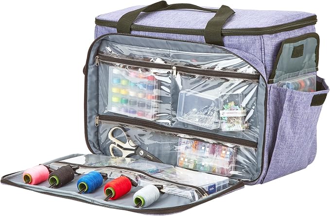 HOMEST Sewing Machine Carry Case, with Shoulder Strap and Front Pocket | Fits most standard Singer, Brother and Janome machines, with storage pockets for sewing accessories and tools, Purple