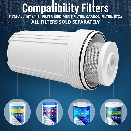 High Capacity 10 x 4.5” Whole House Filter Purifier System for Well or City Water, Presser Relief Button, 1” NPT Brass Port, Double O-Ring, Meets NSF Standards & Regulations (White, 1 Set)