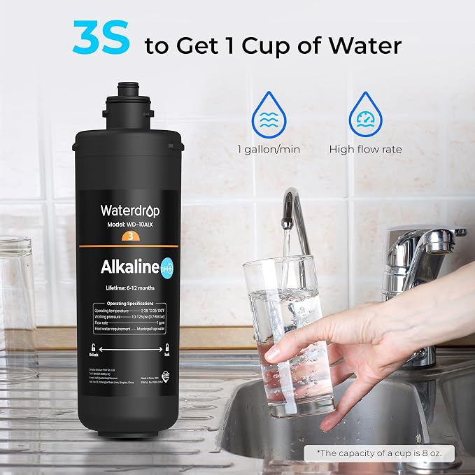 Waterdrop WD-10ALK Water Filter Replacement for Waterdrop TSB-ALK 8 Layer High Capacity Alkaline Under Sink Water Filtration System, 12 months Under Sink Water Filter, Reduces Bad Taste & Odor