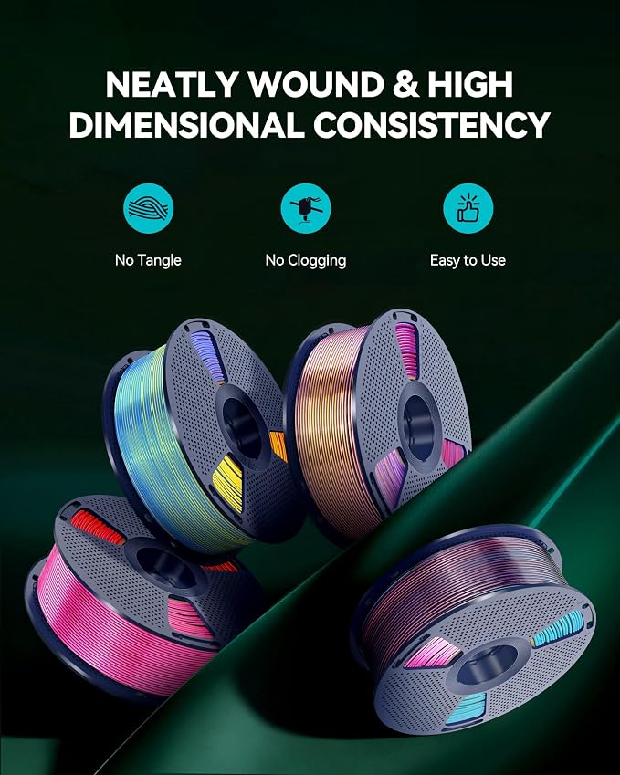 SUNLU Silk Dual & Triple Color PLA Filament Bundle Muticolor, Silk 3D Printer Filament, 250G Spool, 4 Pack, 1kg in Total, Green Purple+Black Blue+Orange Blue Green+Black Gold Purple