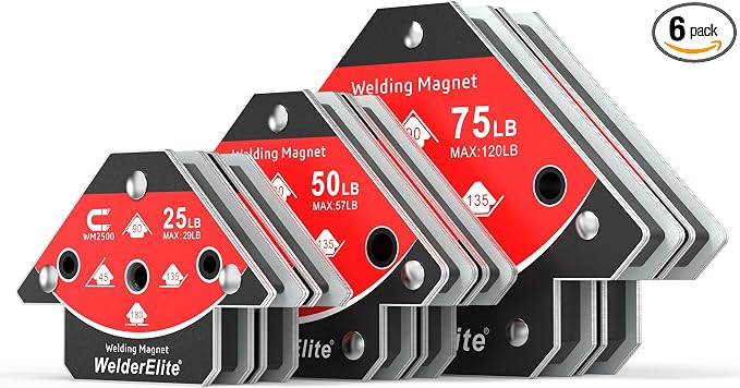 Welding Magnets 6-Pack: 2×25LB, 2×50LB, 2×75LB, Arrow Holder 45°/90°/135°, Galvanized Steel | Galvanized steel frame resists heat. Kit for light tack to heavy structural welding. Ideal for pro MIG/TIG/stick shop use
