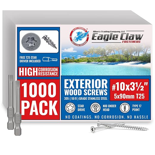 #10 x 3 1/2 Inch Stainless Steel Deck Screws | 305 Grade (1000 Pack) | Flat Head T25 Star Torx Drive | Stainless Steel Screws by Eagle Claw Fasteners | Corrosion & Rust Resistant (Incl. 2 Driver Bits)