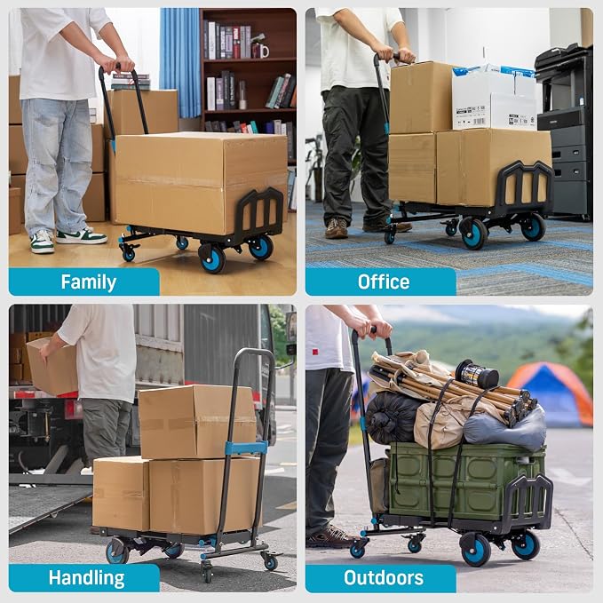 SEESII Foldable Dolly Cart with Wheels, 330 lbs Max Capacity Portable Hand Cart, 2-in-1 Heavy Duty Folding Hand Truck with Adjustable Retractable Handle for Moving, Delivery, Warehouse Use