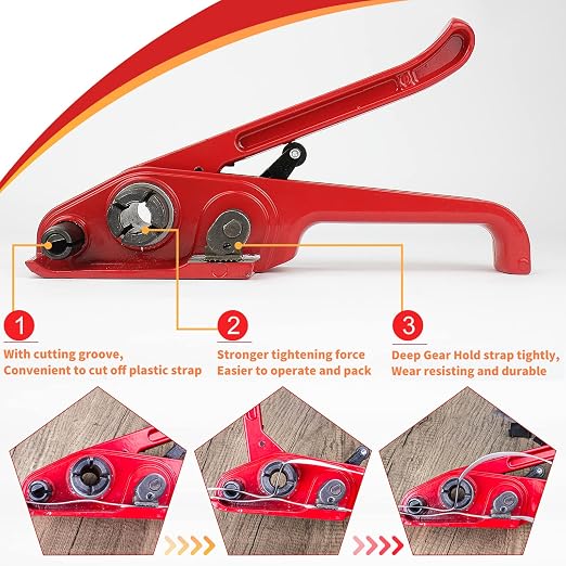 Box Packing Strapping Tool, Manual Sealer Heavy Duty Poly Strapping Tensioner Cutter Tool Kits for 1/2"-3/4" Wide Strap with 328ft Straps & 100 Buckles 50 Label 100 Edge Protectors