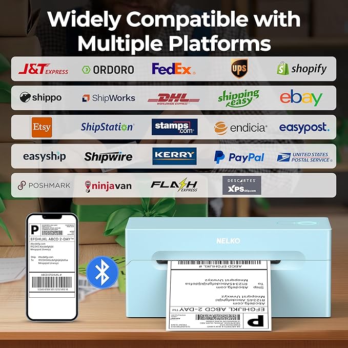 Nelko Bluetooth Thermal Shipping Label Printer, 4x6 Shipping Label Printer for Shipping Packages, Support Android, iPhone and Windows, Widely Used for Amazon, Shopify (Blue)