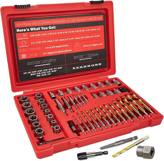 53Pcs Screw Bolt Extractor Set, Left Hand Drill Bit Set 6542/4341 HSS, Easy Out Bolt Extractor Set with Hex Adapter, Stripped Bolt Remover for Broken Rusted Nuts Screws, Bolts, Studs