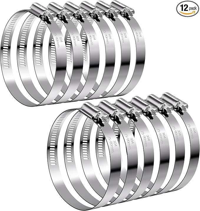 12Pack 3 inch Hose Clamps,Stainless Steel Large Hose Clamp Adjustable from 2-15/16"-3-1/2"/75-90mm,Metal Worm Gear Duct Clamp for Dryer Vent Hose,Fuel Line,Plumbing,Automotive,Exhaust,Radiator