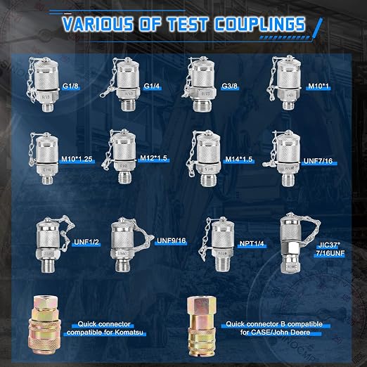 Hydraulic Pressure 3 Gauges(25/40/60MPa) Test Kit with 4 Test Hoses & 14 Straight Connectors & 19 Tee Connectors for Construction Machinery Excavator(Black)