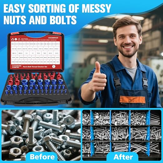 57Pcs Thread Checker, Nut and Bolt Thread Checker 33 Standard and 24 Metric Set, Thread Gauge Suitable for Nut or Bolt Size Finder in Narrow and Tricky Areas