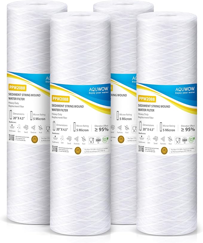 PPW20BB 5 Micron 4.5" x 20" String Wound Sediment Filter Set – Replacement Cartridges for Whole House & Under Sink Systems, Durable Depth Filtration (4, 20 x 4.5)