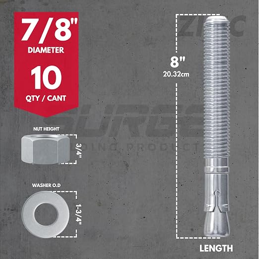 7/8" x 8" Zinc-Plated Wedge Anchors for Concrete and Cement | Heavy-Duty 7/8 Concrete Anchors (Box of 10)
