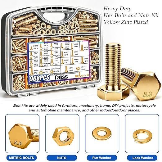 Taiss 966pcs Grade 8.8 Metric Bolt Assortment,Metric Bolts and Nuts Assortment,Bolt Kit M4 M5 M6 M8(12-30mm) Heavy Duty Hex Bolts and Nuts Kit Flat/Lock Washer Yellow Zinc Plated,with Handheld Box