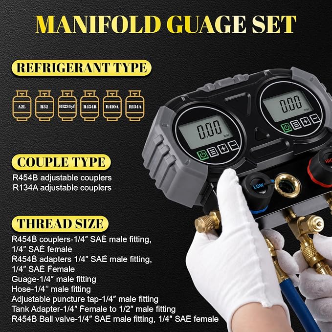 Tellegloww HVAC A2L Digital Manifold Gauge Set for R22 R32 R410A 134A R454B Refrigerant with Hose Kit, 4 Refrigerant Angled Compact Ball Valve and 2 R410A Adapter 2 R454B Adapter