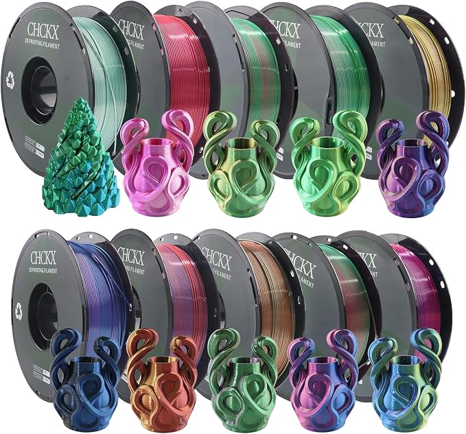 10 Pack PLA Filament Bundle, Silk Tricolor PLA Filament 10 Rolls, 1kg Spool(2.2lbs), 1.75 mm, Dimensional Accuracy +/- 0.02mm, 10 Different Triple Color
