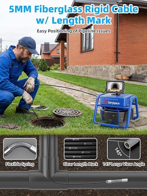 Sanyipace Sewer Camera,5" HD Screen,18mm Pipeline Inspection Camera with 8 LEDs Light,32GB DVR Function, 1080P IP68 Waterproof Drain Camera for Sewer Line,Home,Drain Pipe Plumbing(Blue,66ft/20m,5mm)