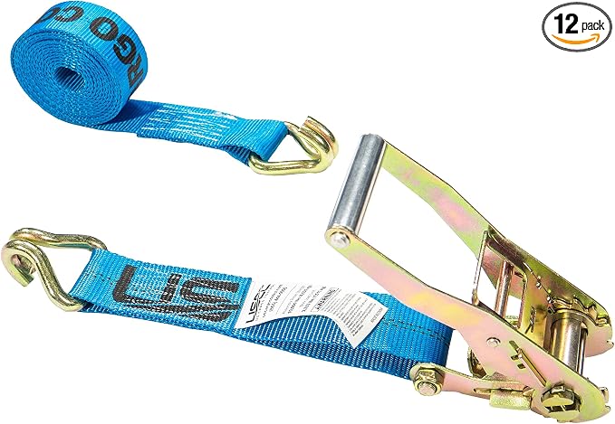 US Cargo Control J Hook Ratchet Straps 2 Inch x 18 Foot (12-Pack), 10,000 LBS Break Strength, Heavy Duty Ratchet Straps with Double J-Hooks, Blue Tie Downs for Trucks, Trailers, Securing Cargo