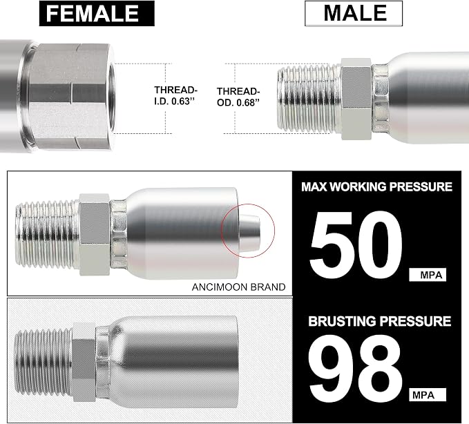 3/8’’ Hose x 3/8’’ NPT Male Hydraulic Hose Crimp Fittings, 10PCS Set for Single Wire Hydraulic Hose