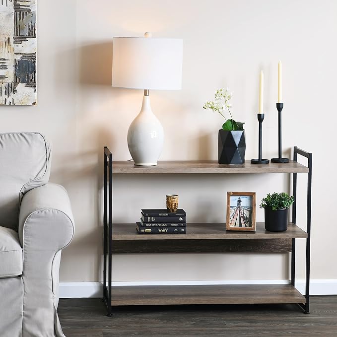 Household Essentials Wide 3‑Shelf Open Storage Bookshelf in Oak Rustic Wood Grain and White Metal Frame, Ashwood