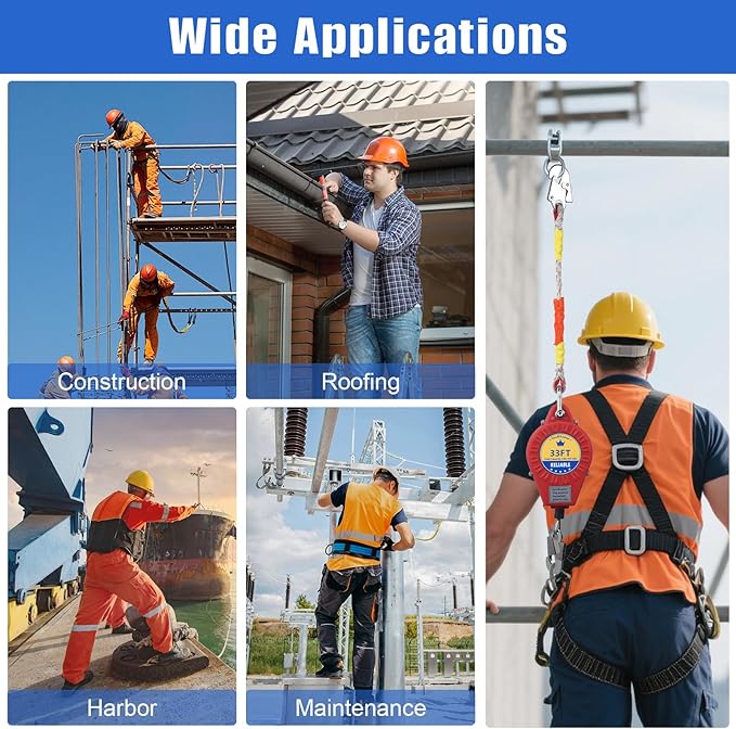 Fall Protection Lanyard Fall Arrest Protector 50Feet Self Retractable Double Locking Gear, Dual Shell Fall Safety Lifeline, Rope for Roofing, Construction, Rescue
