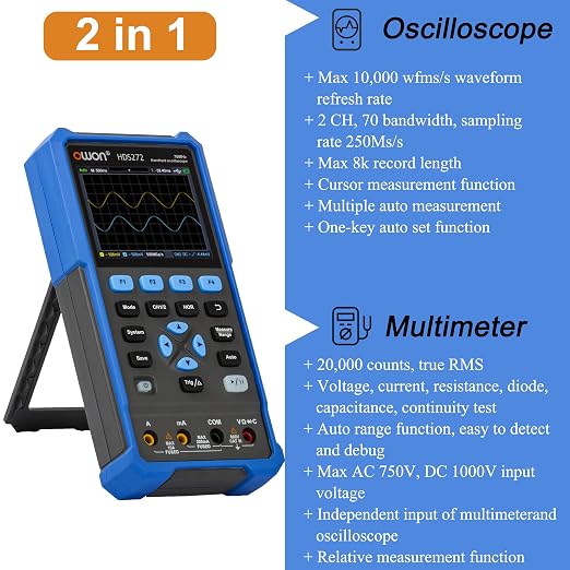 70MHz Bandwidth Oscilloscope, OWON HDS272 Dual Channel Oscillograph, with Digital Oscilloscope Multimeter Tester Functions for Auto Measurement Educational Laboratory Testing OWON HDS272/70MHz/2CH