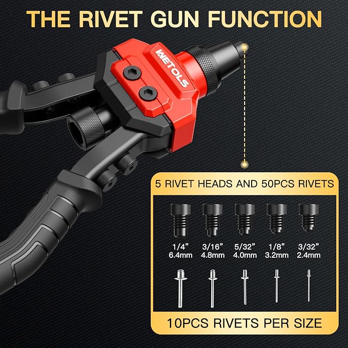 WETOLS 3 in 1 Rivet Nut Tool, Rivet Gun, Reamer Set, Professional Rivet Gun Kit with 5 Rivet Heads and 6 Metric & SAE Mandrels, Hand Riveter Tool with 50 Rivets and 60 Rivet Nuts, Sturdy Case, WE-890