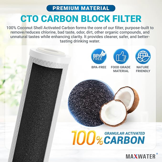 Max Water 20" x 2.5" CTO Carbon Block Water Filter, 5 Micron - Whole House Slim BB Replacement Cartridge Compatible With HX-CB-25-2010, C1-20, CB-25-2005, 155597-43 (4 Pack)