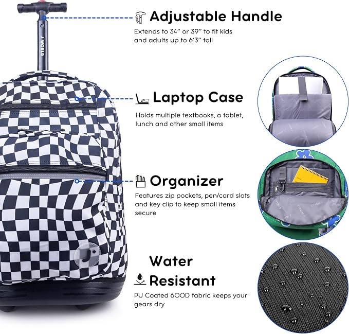J World Sundance Laptop Rolling Backpack for Girls Boys. Roller Bookbag with Wheels, 20 Inch, Wavy Checkers