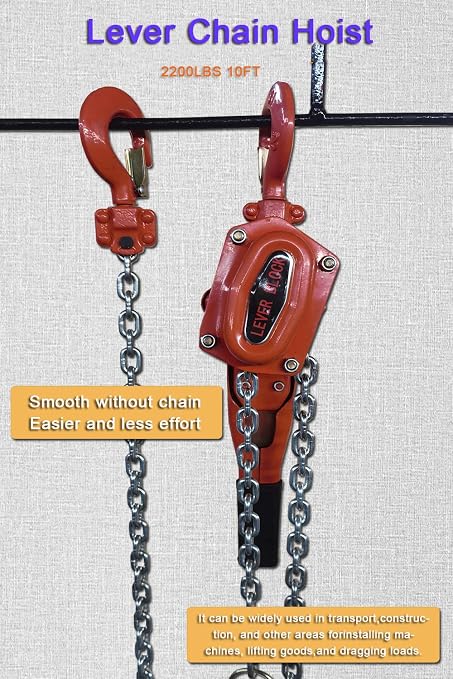 Lever Chain Hoist 2200LBS 10FT, 1T 3M Lever Chain Hoist 1 ton Commercial Portable Hooks for Building Garages Warehouse Automotive Machinery【orange-1T/3m】