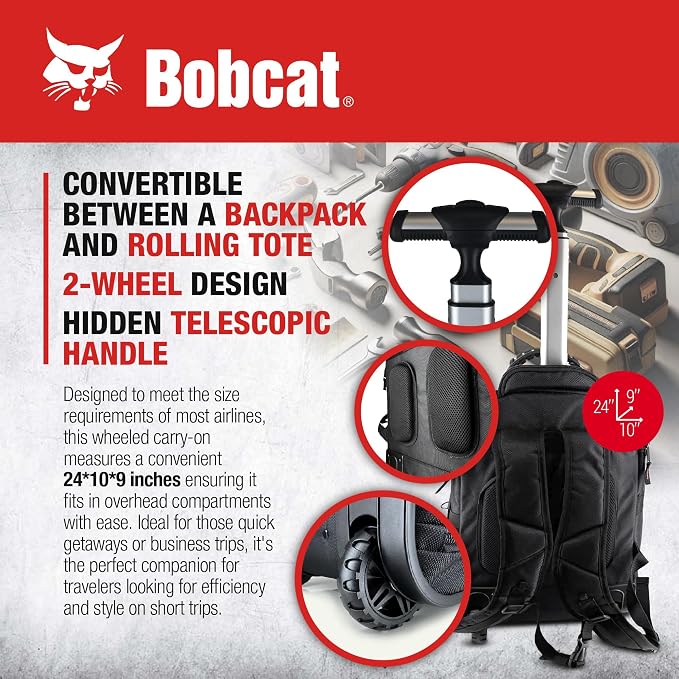 Bobcat Tool Organizer Backpack, EVA Hard Pocket, Large Capacity Storage for Electricians & Technicians, Heavy Duty Mobile Tool Bag (Black/Red Rolling tool Bag)