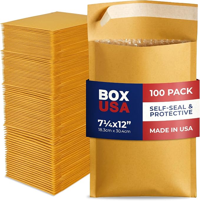 BOX USA 7 1/4 x 12" Kraft Bubble Mailers (100-Pack) - Brown Padded Envelopes, Self-Seal Shipping Bags for Business, Heavy Duty Cushioned Mailing Envelopes for Packaging and Shipping