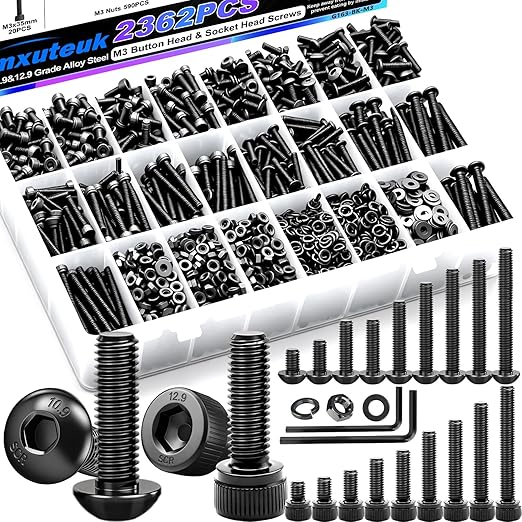 mxuteuk 2362PCS M3 Screws kit,M3x4/6/8/10/12/16/20/25/30/35mm M3 Screws Nuts Washers Assortment,M3 Hex Socket Button & Cap Head Screws,12.9 & 10.9 Grade Alloy Steel M3 Bolts with 2 Hex Wrench