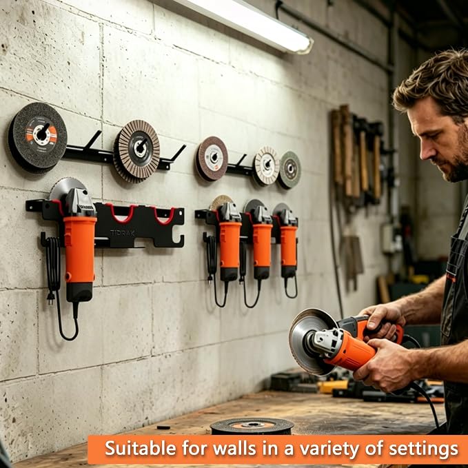 Angle Grinder Holder Wall Mount - Heavy Duty Storage Rack for 5" Grinder, Impact Wrench & Polisher, with Cord Management & Disc Hooks, Workshop Garage Organizer (2 PACK)
