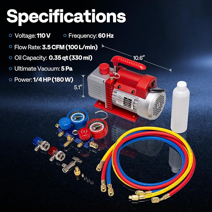 VIVOHOME 110V 1/4 HP 3.5 CFM Single Stage Rotary Vane HVAC Vacuum Pump and 3 Way AC Manifold Gauge Set with 4ft Hoses & Accessories for Auto Air Conditioning Refrigeration Recharging, Red