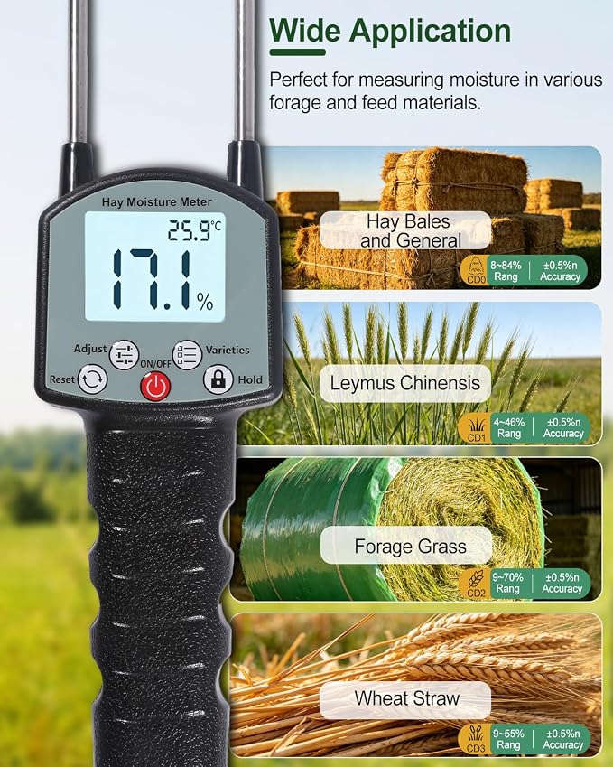 TK100H Hay Moisture Tester, High Accuracy Hay Moisture Meter, Bale Moisture Tester with Long Probe, Portable Bale Moisture Meter for Hay Bales, Forage Grass, Alfalfa, Orchard Grass and Other Hays