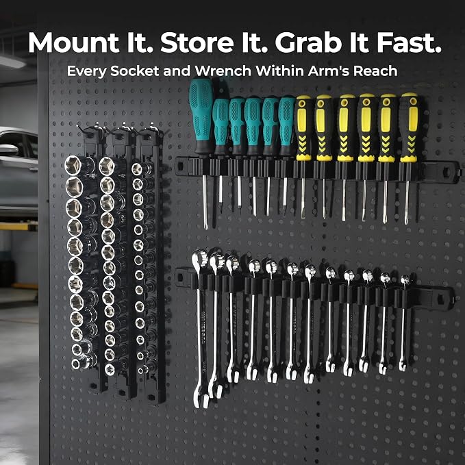 Reniteco 6-Piece Magnetic Socket Organizer and Magnetic Screwdriver Organizer Set, 1/4" 3/8" 1/2" Drive Aluminum Rail & 3-Piece Wrench Screwdriver Holder, Interchangeable Clips, Sockets Not Included