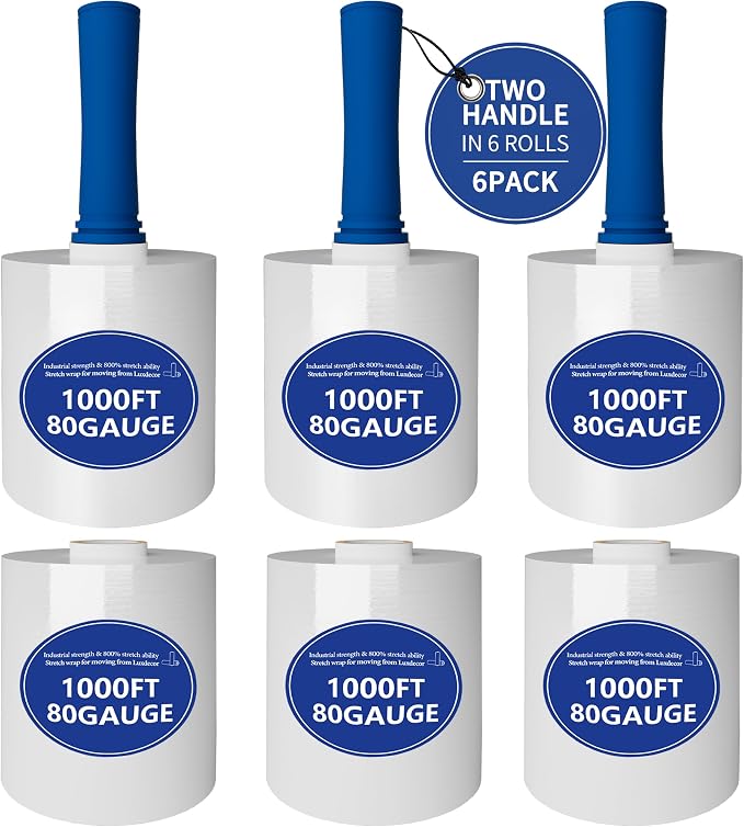 6Pack 5in x1000Ft 80Gauge Mini Stretch Wrap Heavy Duty 800%Stretch 2Handles | stretch wrap Film-800% stretch secures pallets,furniture & fragile items firmly,perfect for moving,storage,warehouse,shipping