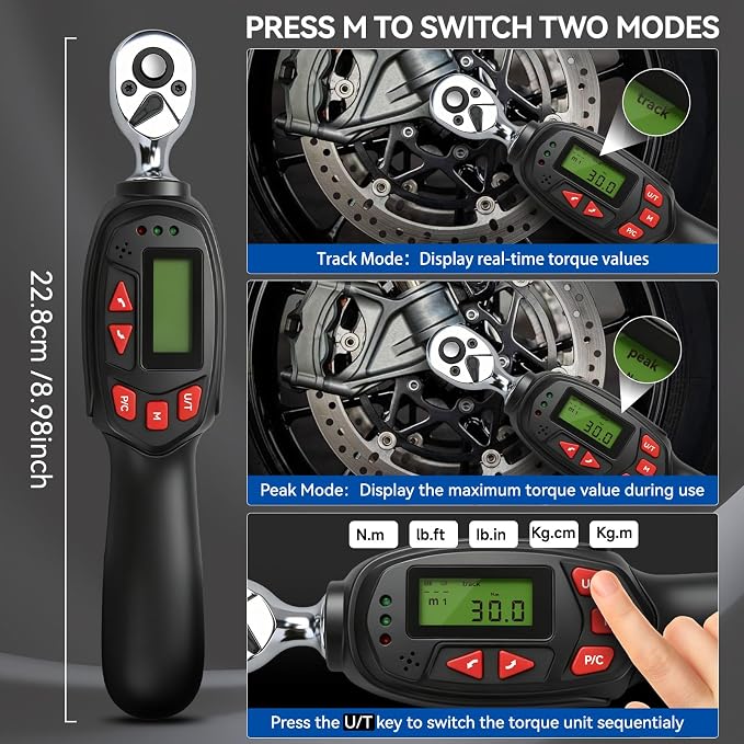 DISEN 1/4 inch Digital Torque Wrench Set with 13pcs Sockets & Extension Bar, 5-25 N.m / 3.7-18.4 Ft.lb, ±2% Accuracy, 3 Modes (Track/Peak/Pre), 5 Units, LED & Buzzer, for Auto Motorcycle Bike DIY