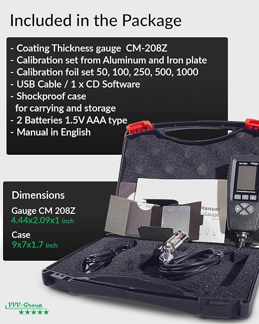 Coating Thickness Gauge CM-208Z – 0-3000µm (0-120 mils) Industrial Paint Thickness Meter, 0.001mil Resolution, External Probe, Fe/NFe Auto Detection, USB Data Export