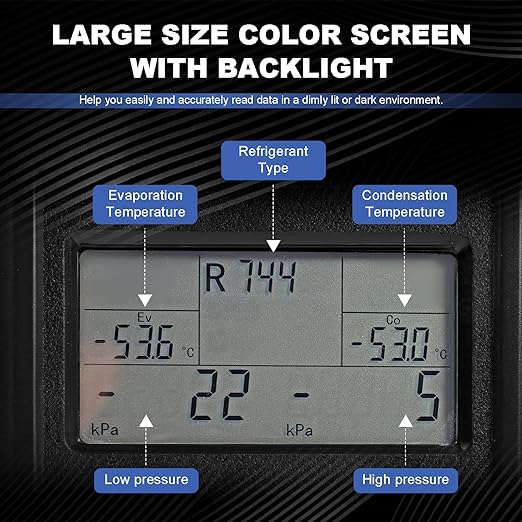 Digital Manifold Gauge, HVAC Refrigerants Digital AC Gauges Set with 2 Thermometer Clamps and 3 Hoses, for R22/R410A/R134A/1234YF Refrigerant Recharge Kit