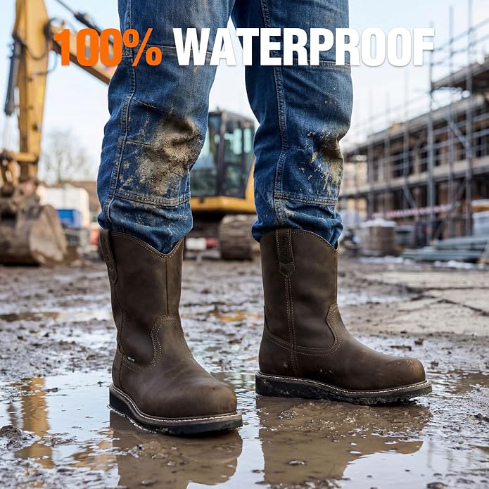 NINGO Soft/Steel Toe Work Boots for Men, Waterproof & Slip Resistant Wellington Leather Boots, Pull On Design, EH Protection with Goodyear Construction Shoes for Industrial, Farm & Welding