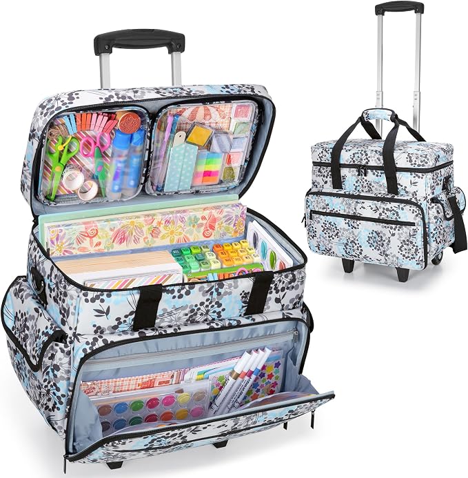 Teamoy Rolling Scrapbook Tote with Detachable Wheels, Rolling Craft Bag with Bottom Wooden Pad, Scrapbook Storage Bag for Women, Dandelion